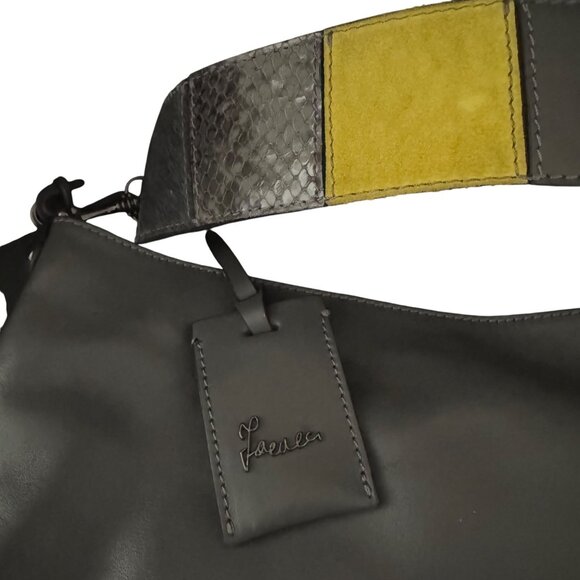Lacucci Gray Leather Shoulder Bag Purse With Yellow & Snake Print Strap - Picture 2 of 10